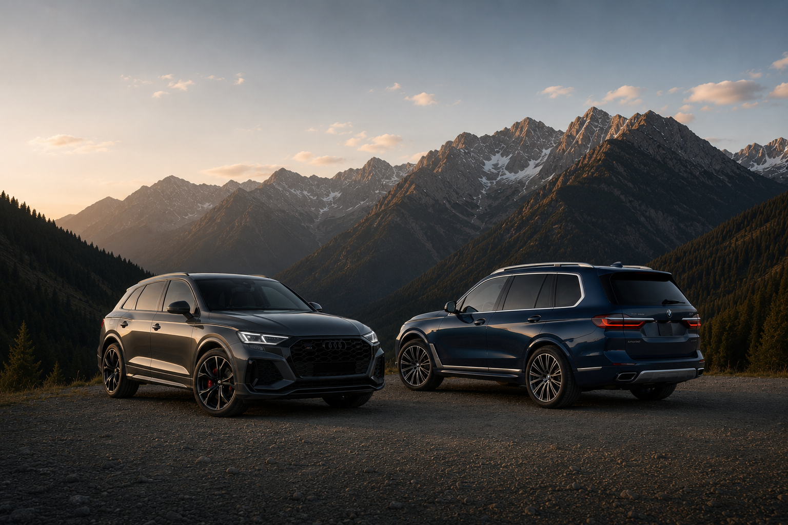 Audi RS Q7 and BMW X7 parked in a mountain landscape at dusk — defining your automotive prestige with Kiki Motors