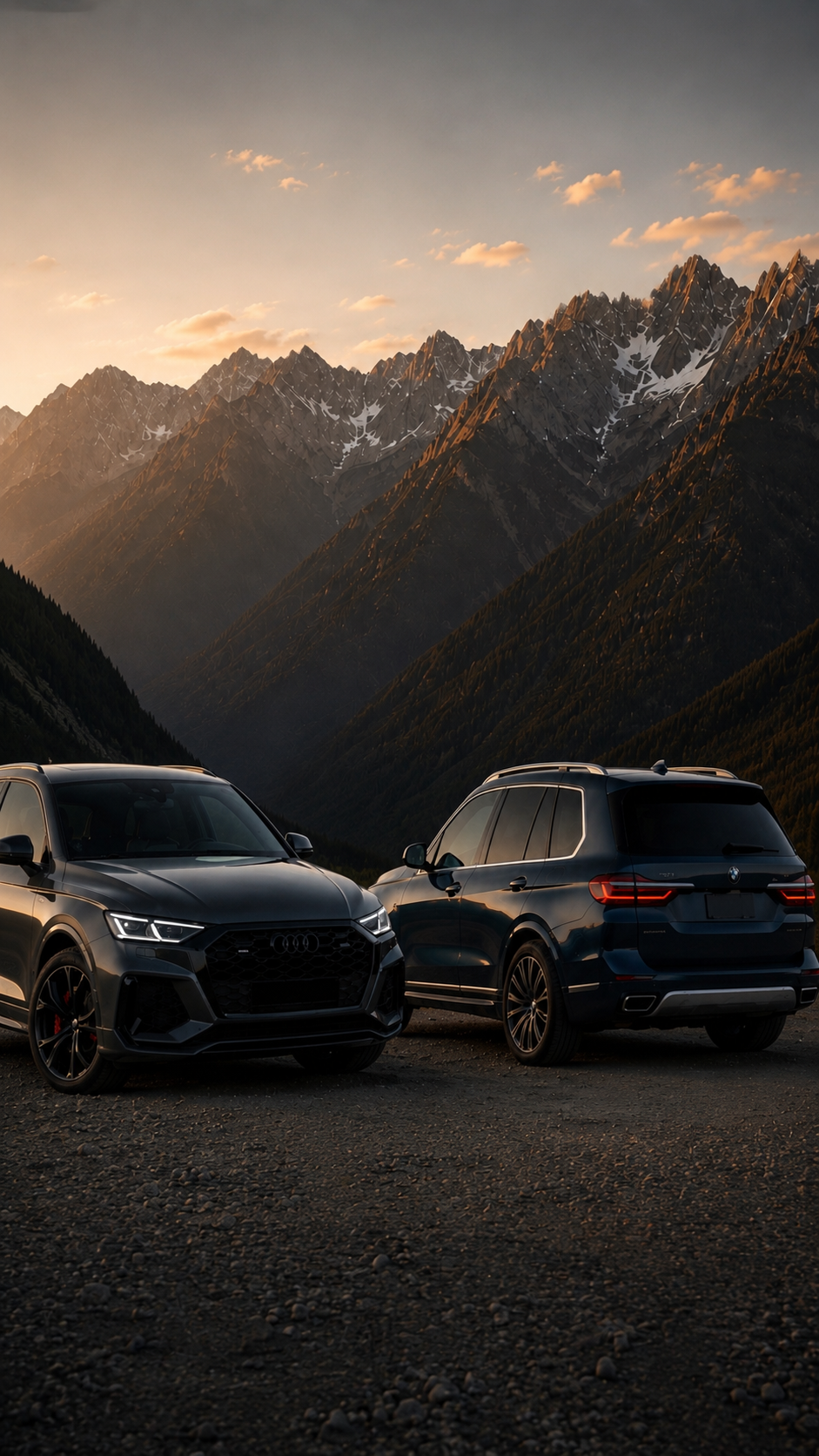 Audi RS Q7 and BMW X7 parked in a mountain landscape at dusk — defining your automotive prestige with Kiki Motors